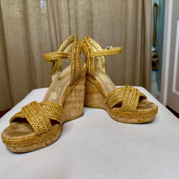 Stuart Weitzman Minx Stappy Wedges Shoes with Cork and Raffia Size 7 - Picture 2 of 16